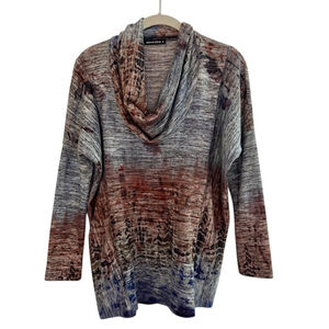 Women's David Cline Brown Rust Blue Abstract Cowl Neck Soft Oversized Tunic S